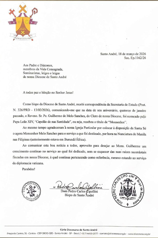 Documento de nomeação do Pe. Guilherme de Melo Sanches